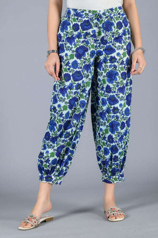 Women Blue Floral Print Cotton Harem Pant